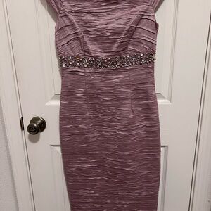 Eliza J Pink Ruched Embellished Sheath Dress and pink velvet sandal heels.